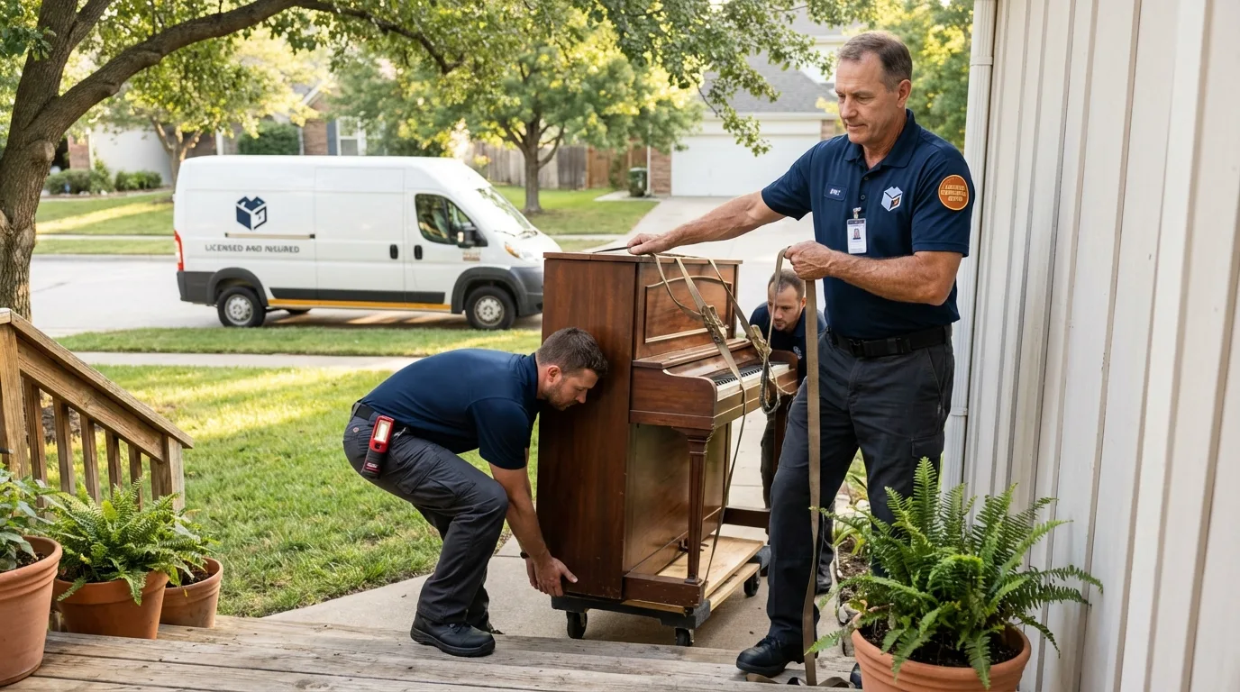 Licensed piano movers securing grand piano in Vienna, VA