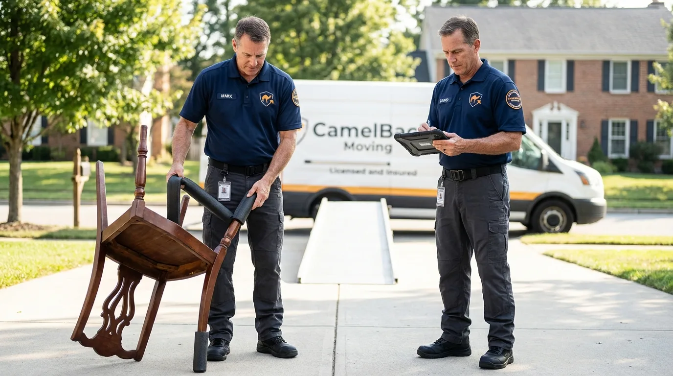 Movers inspecting furniture for damage prevention before loading in Vienna, VA